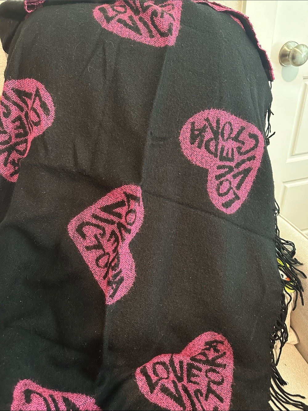Victoria's Secret Black blanket with Pink Heart Motifs